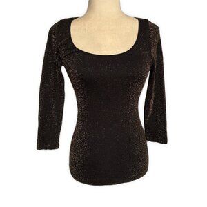 Bebe Black Gold Metallic Nylon Round Neck Long Sleeve Top Xs Small